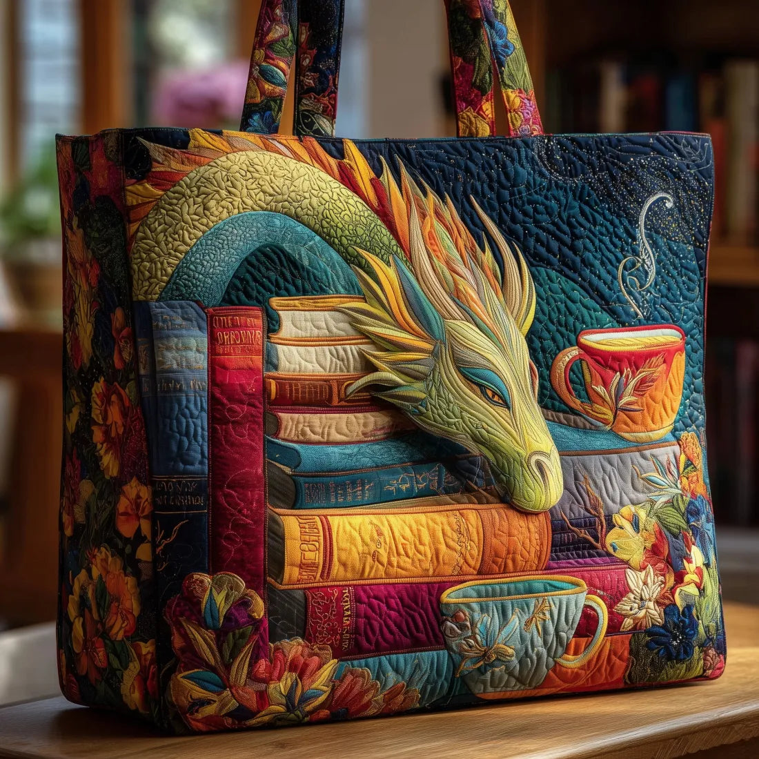 Handmade Bag - Dragon That Reads Books and Mugs