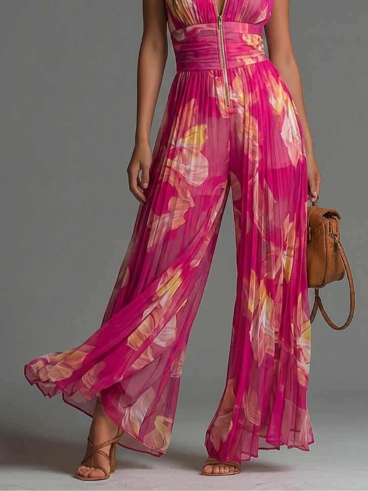 Isadora - Pleated Floral Chiffon Jumpsuit