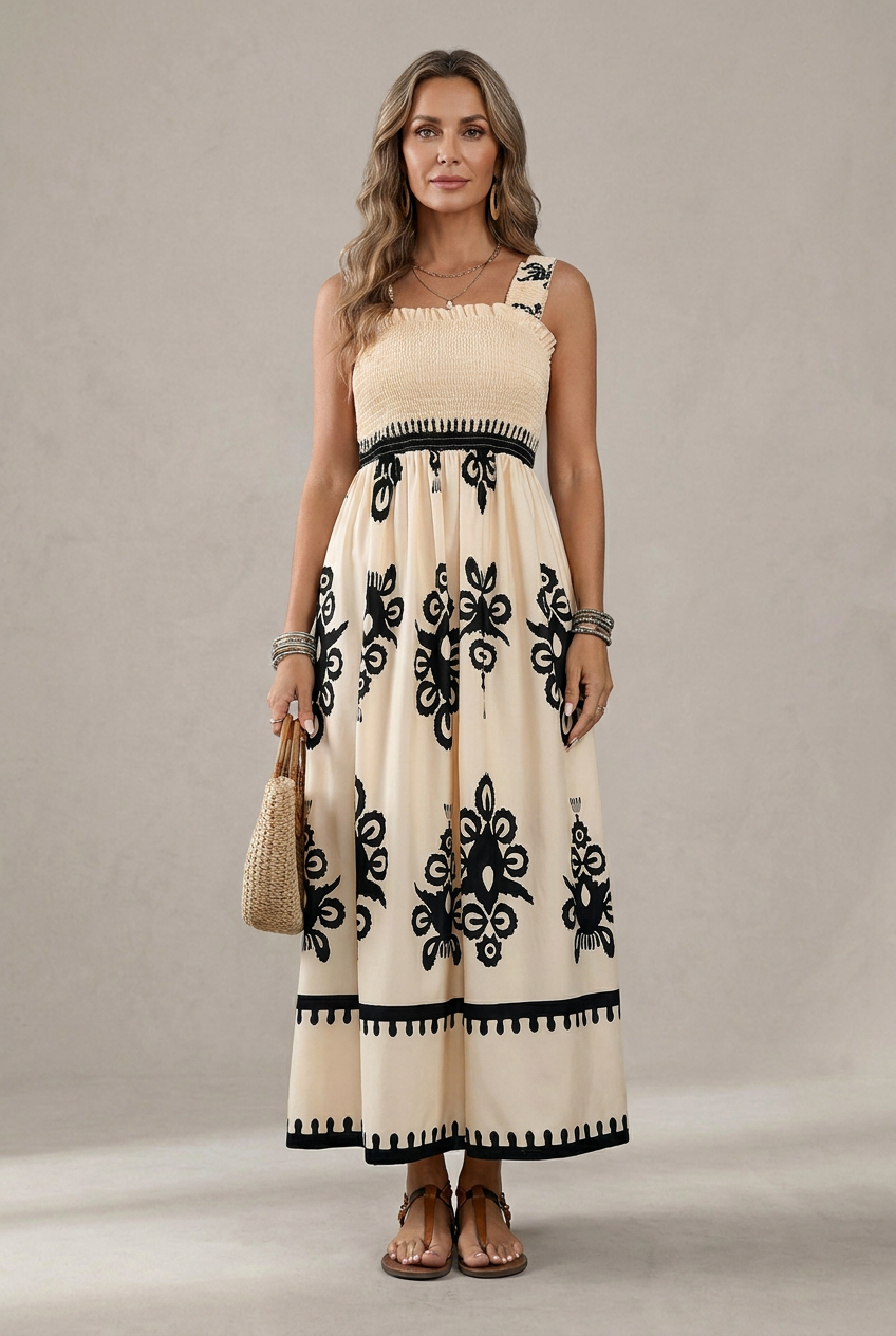 Darcie - Artistic Print Maxi Dress with Elasticated Waist