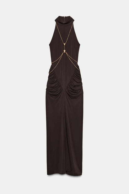 Brown Chain Halter Dress