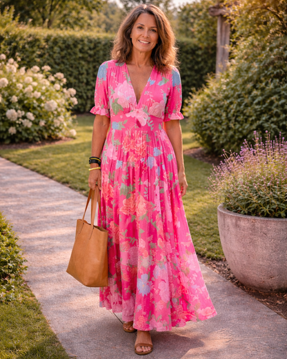 Beth - Short Sleeveless V-Neck Floral Midi Dress