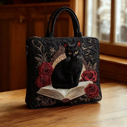 Artisanal Quilted Bag – Black Cat on Books