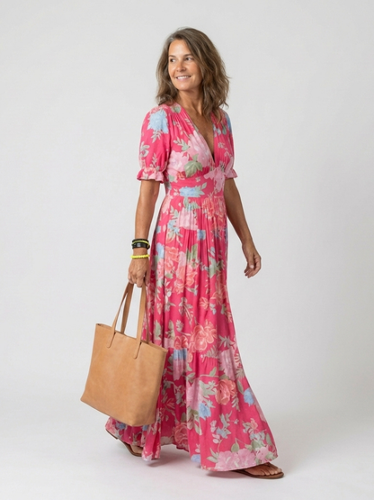 Beth - Short Sleeveless V-Neck Floral Midi Dress