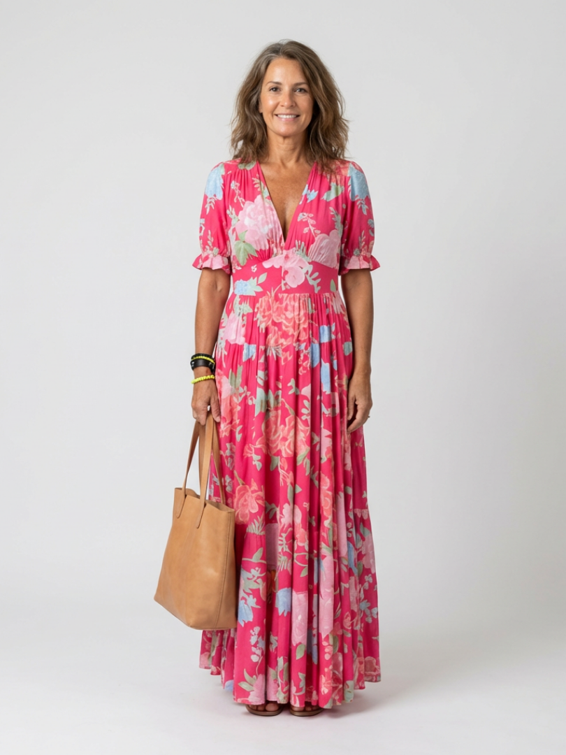 Beth - Short Sleeveless V-Neck Floral Midi Dress