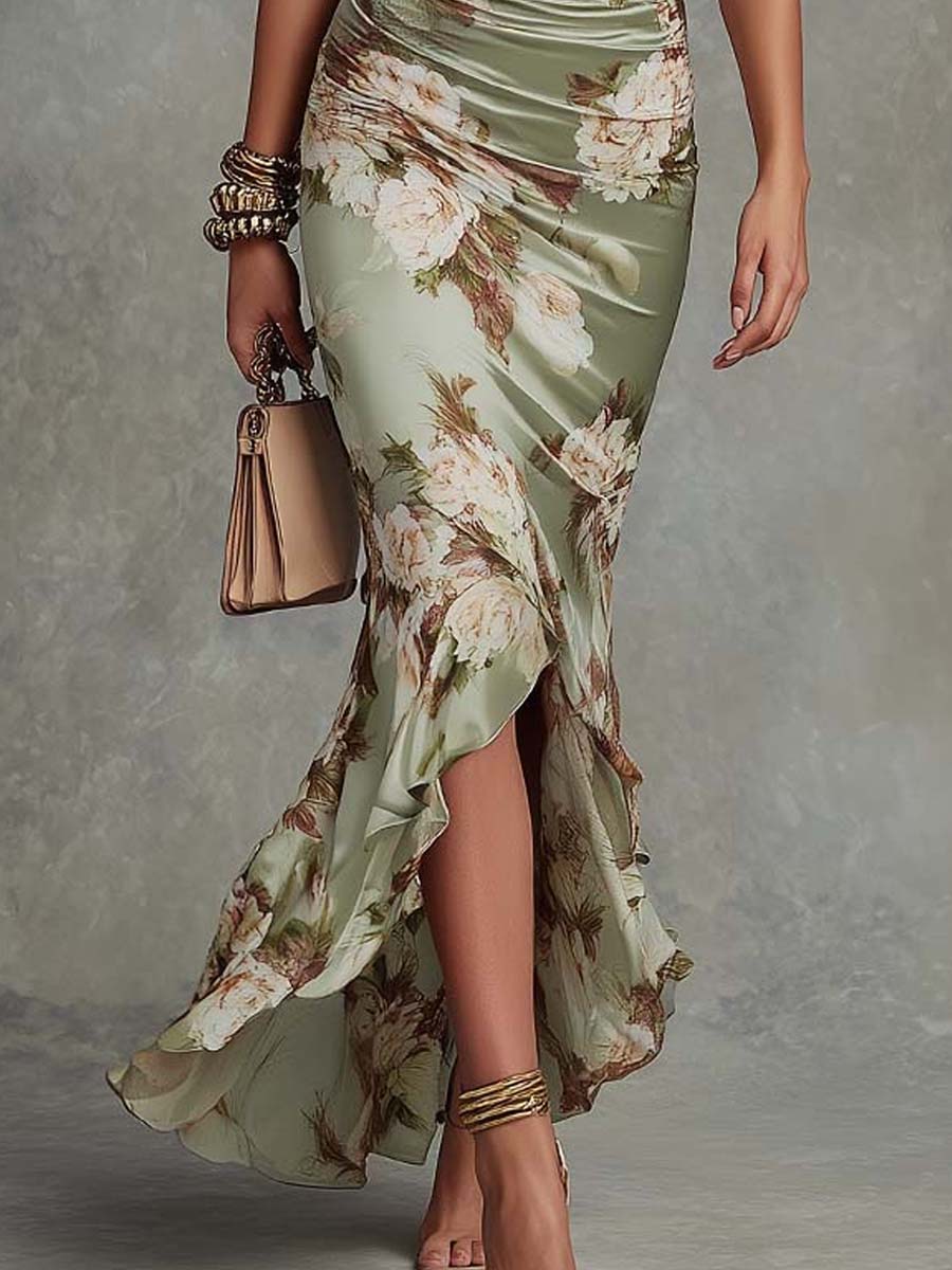 Erin - Long satin dress with a floral print