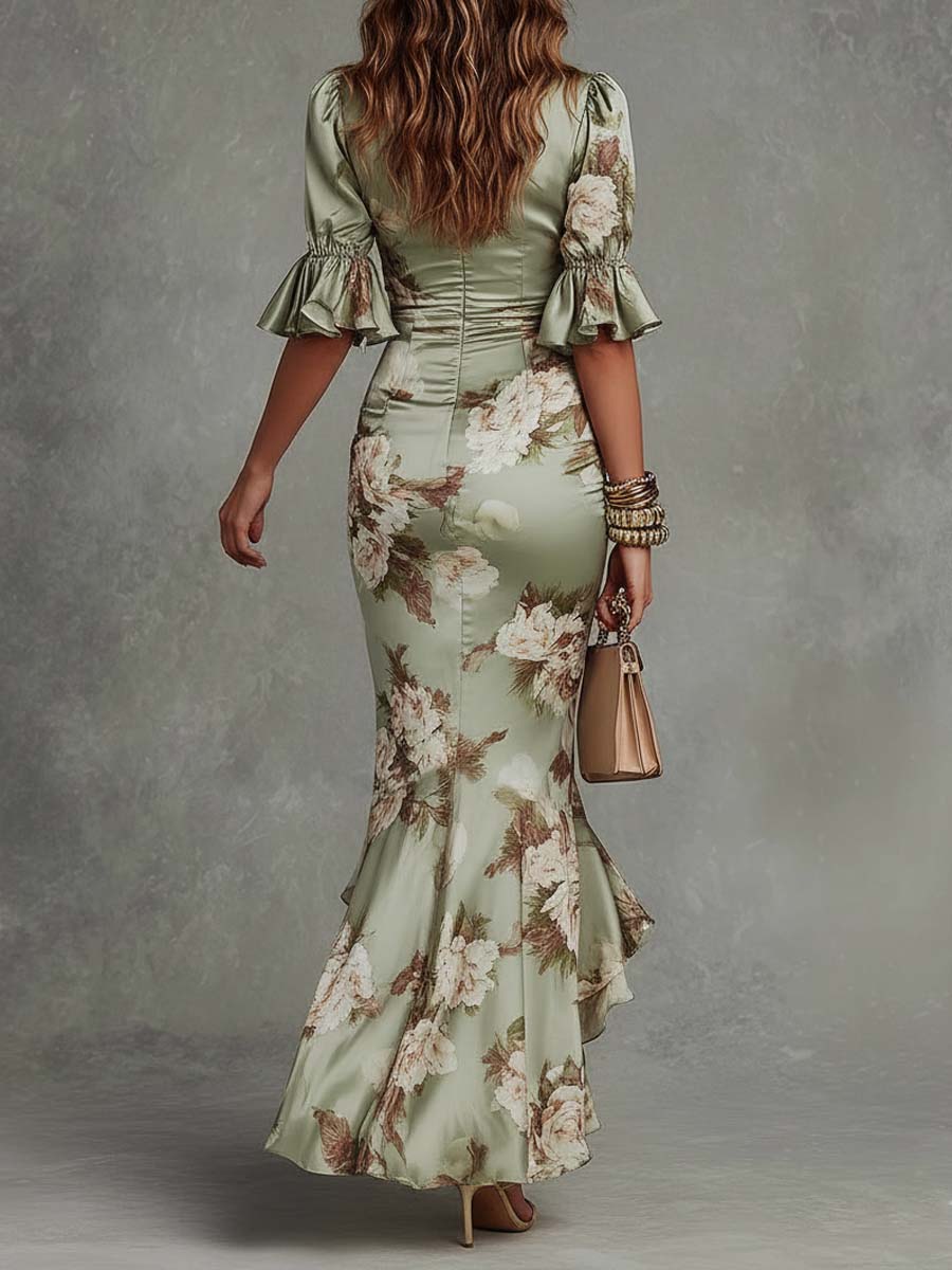 Erin - Long satin dress with a floral print