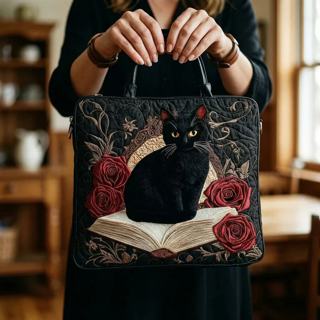Artisanal Quilted Bag – Black Cat on Books