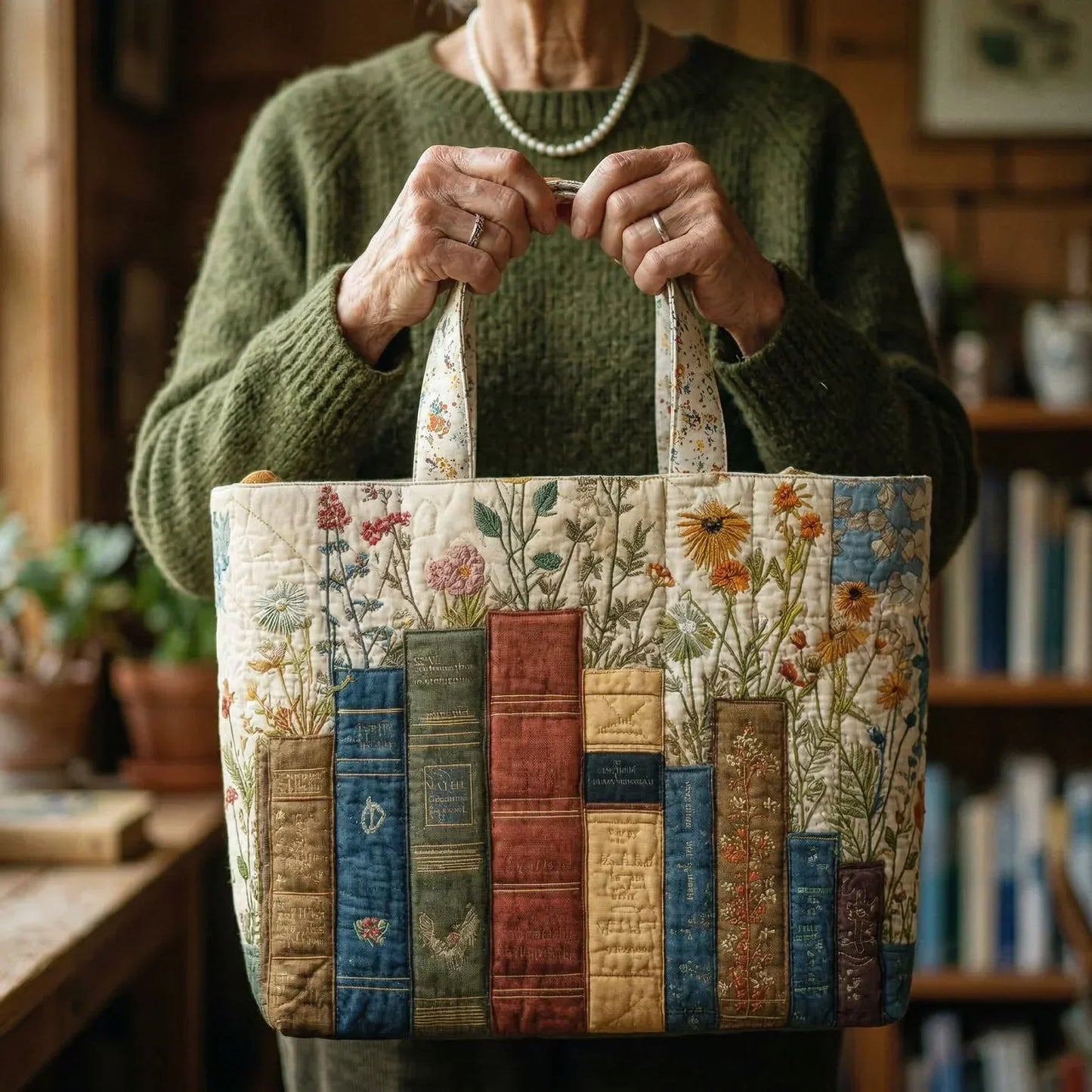 Handmade quilted bag - Books and Flowers